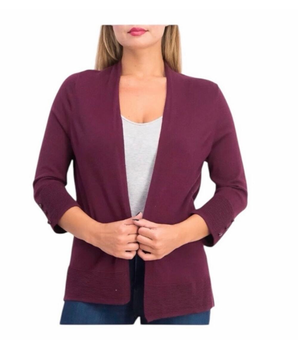 Evolution by Cyrus Myna Cardigan Small Burgundy Open Front Button Sleeve NWOT